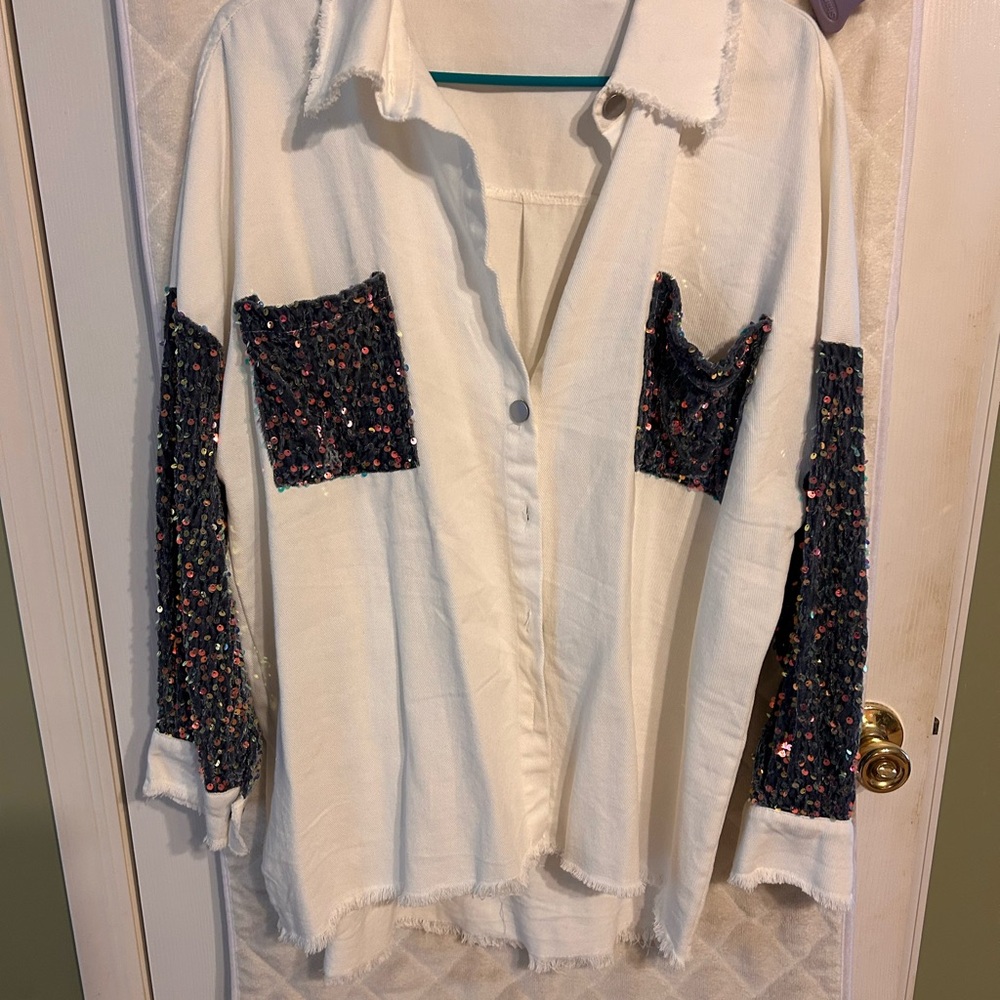 Chic White Button-Down Shirt with Black Sequin Details